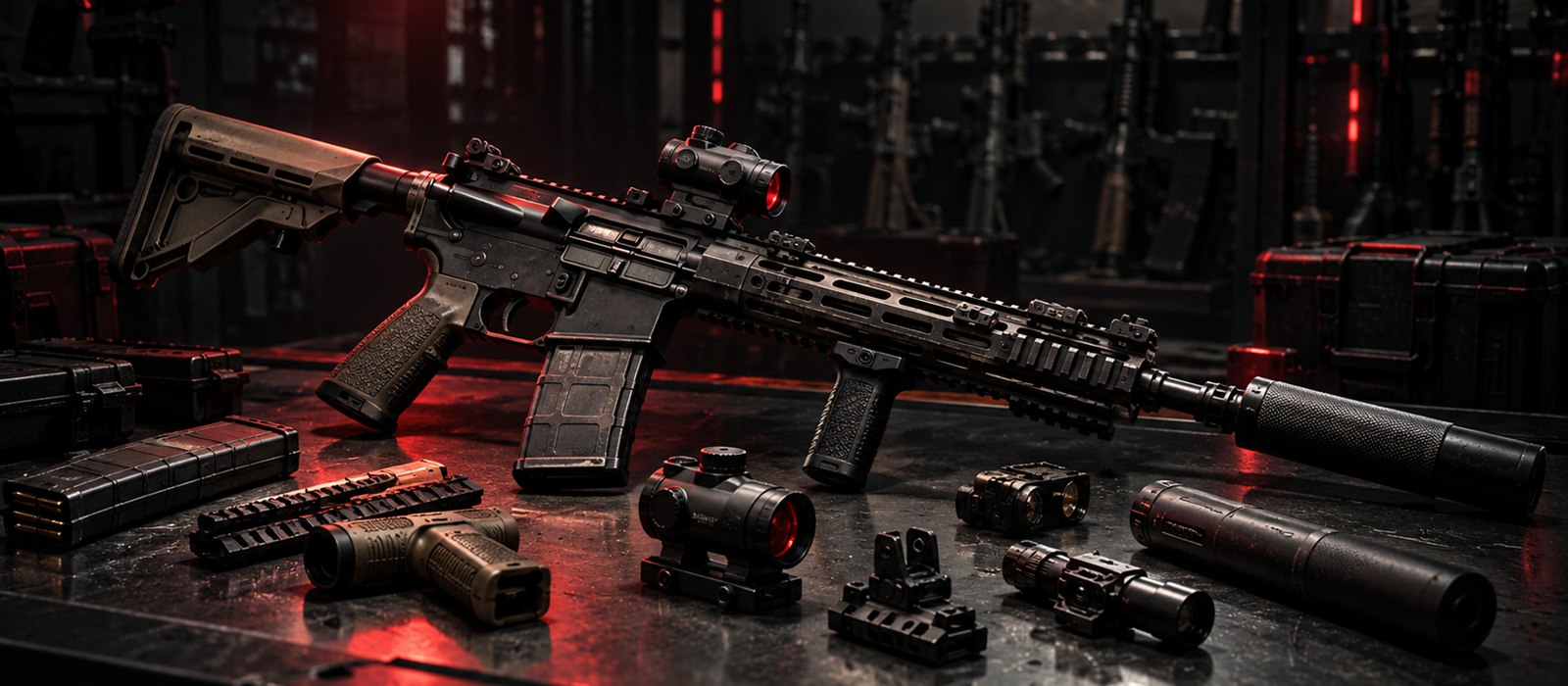 A rifle on the Gunsmith bench with optics, suppressor and grip laid out