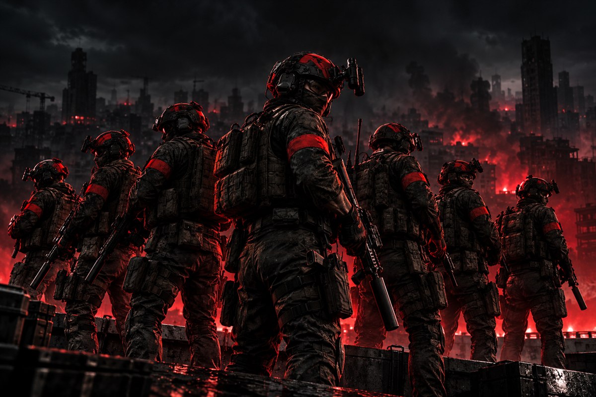 A clan of operators lined up in matching colours