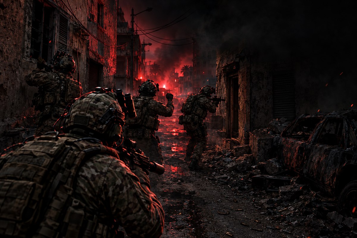 A Tac-Ops squad advancing through a street