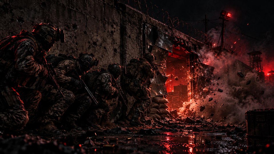 A breach charge blowing open a compound wall