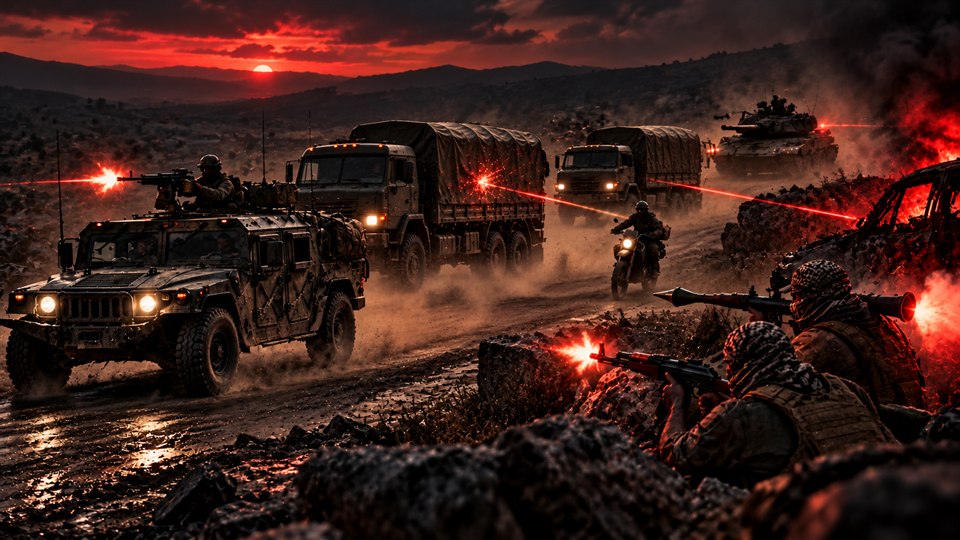 Two convoy trucks escorted down a long road by a tank and Humvees