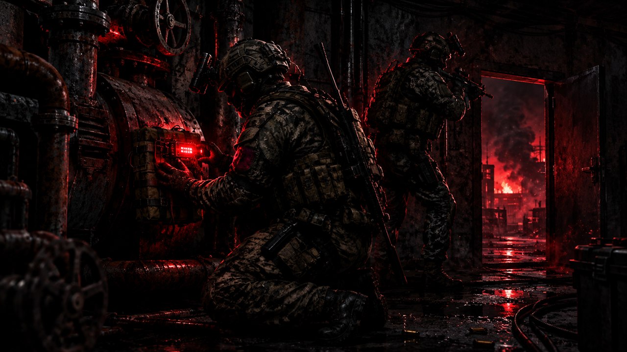 An operator kneeling to plant the satchel charge
