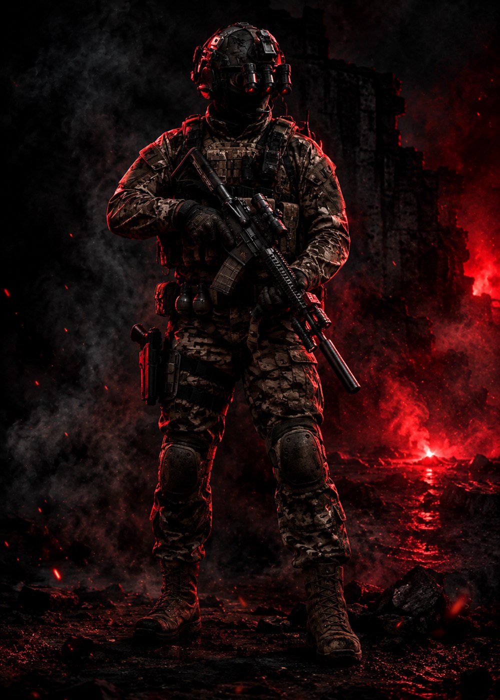 A Tac-Ops operator in night-vision helmet with a suppressed rifle